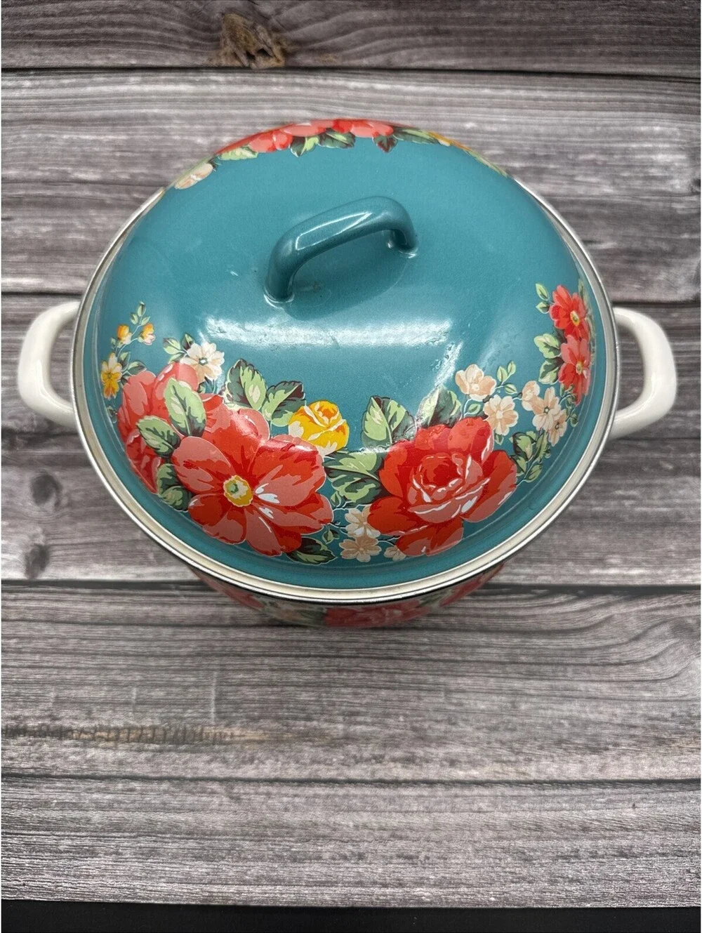 Pioneer Woman Sweet Rose 4 Qt Enamel Pot Dutch Oven Turquoise Lid Cottagecore